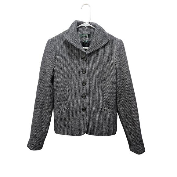 NWOT Lauren RALPH LAUREN Women Virgin Wool Jacket Black White Herringbone 4 - Picture 1 of 6